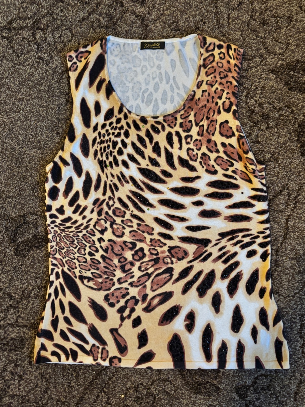 Vintage Beaded Sequin Animal Print Tank Top Brown Leopard